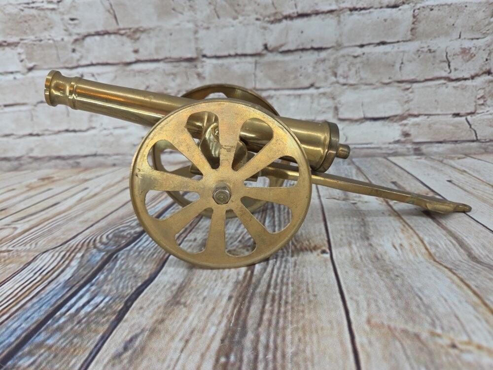 Vintage Brass Field Cannon Replica Carriage Desk Decor Wheels Military 11 3/8